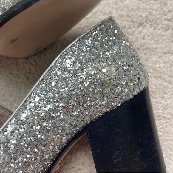 GUCCI Peyton Glitter Block Heel Loafers In Argento Silver - Picture 12 of 12